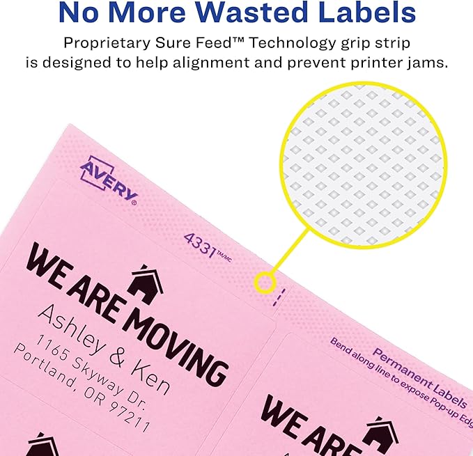 Avery Printable Labels with Sure Feed, 2" x 2-5/8", Assorted Bright Colors (Pink, Blue, Green, Yellow, and Orange), Laser & Inkjet Compatible, 150 Blank Labels Total (4331)