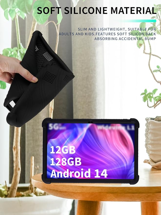 Case for YLEEBG TAB10 10 inch Android 14 TabletsWUNIAK Hollow Back DesignHeat Dissipation Shockproof Lightweight Adjustable Kickstand Silicone Shell&ampKids Friendly Soft CaseBlack