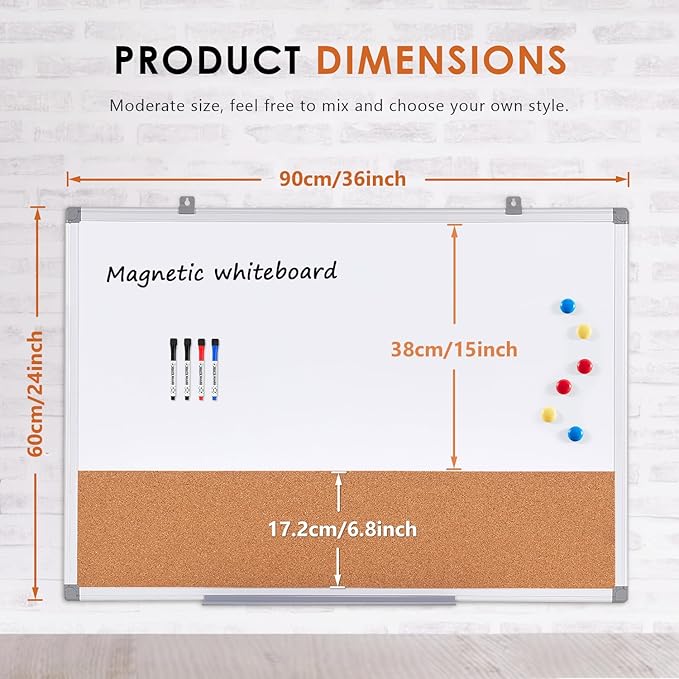 S SWANCROWN Magnetic Dry Erase and Cork Board Combo Hanging Whiteboard Notice Board for Wall Gift Home School Office, 36 x 24 Inches, with Maker/Pins/PenTray/Hooks