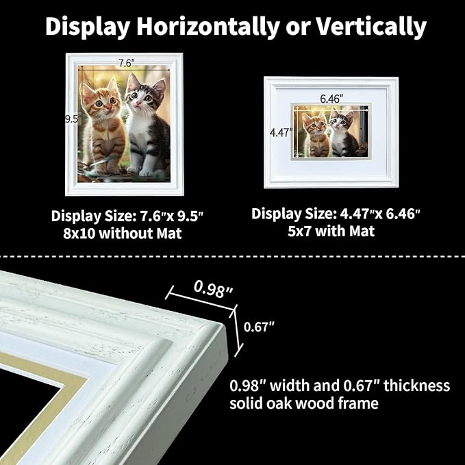 8x10 Picture Frame for Wall or Tabletop Oak Wood, 5x7 Picture Frame with Mat,8 x 10 Premium Photo Frame with Real HD Tempered Glass,Ideal for Home Decor, Art Gallery,White, 1 Pack