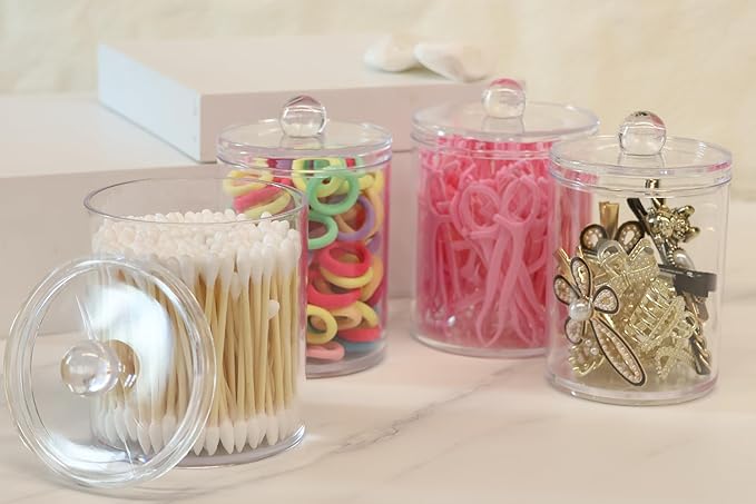 4 Pack Acrylic Qtip Holder Dispenser,Canisters Apothecary Jar Set, Vanity Makeup Bathroom Organizers and Storage Set, 10 and 12 oz