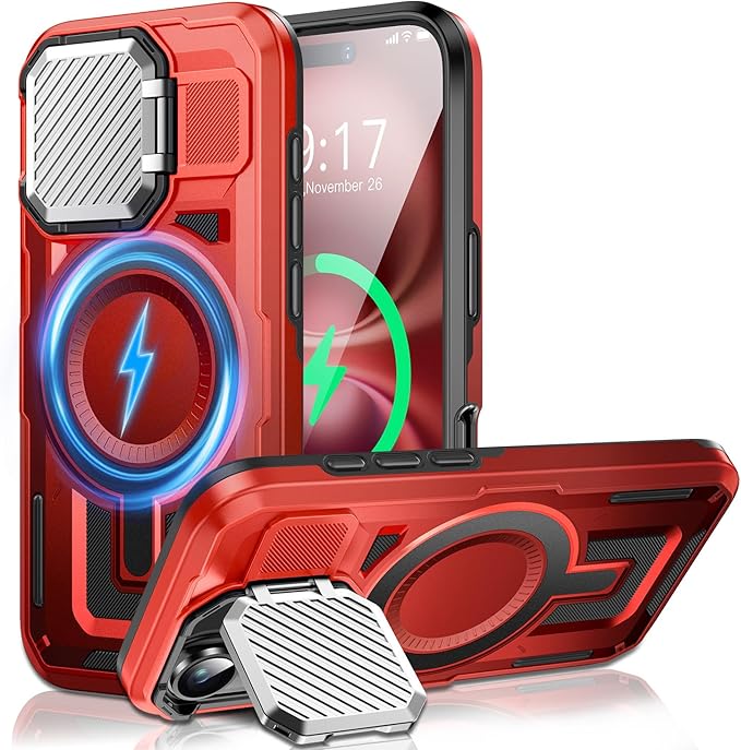 Camera Stand Case for iPhone 16 Plus, [Compatible with Mag Safe] [Lens Cover] 2024 Version Military Grade Protective Soft Case for iPhone 16 Plus 6.7 inch Men Women, Red