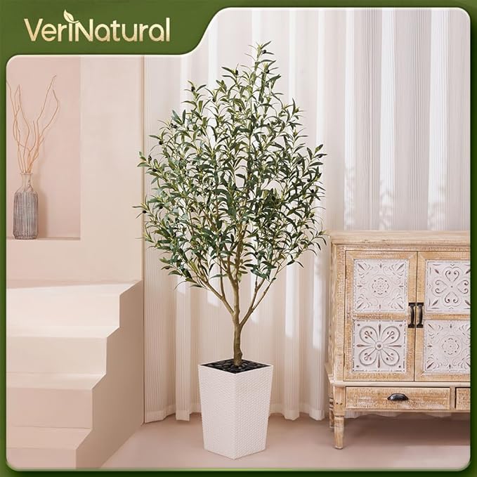 Artificial Olive Tree 6FT Indoor&Outdoor Faux Plant - UV Resistant Large Fake Tree with White Planter & Pebbles, Realistic Tall Potted Artificial Trees for Modern Home Decor Office Living Room VN132