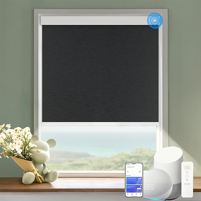 COOLWINDS Motorized Blinds with Remote Cordless Automatic Motorized Shades Custom Blinds for Windows Smart Curtains Compatible with Alexa Google Home(Blackout Jacquard Black,W46 x H72in)