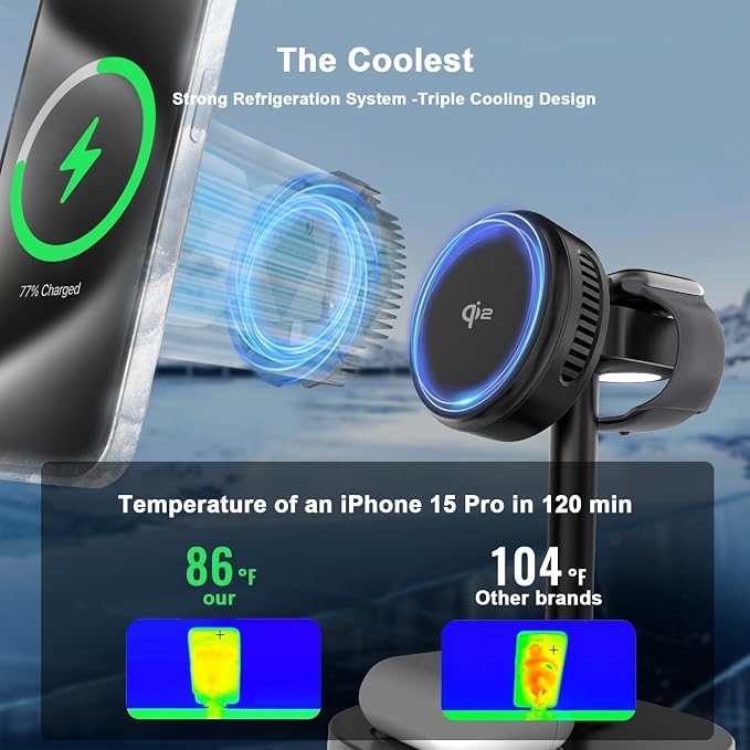 5 in 1 Qi2 Magnetic Wireless Charger Stand with Cooling Fan &amp LED Light Fast Wireless Charging Station for iPhone 17/16/15/14/13/12 AirPods Apple Watch - 65W Adapter &amp Retractable USB-C Cab