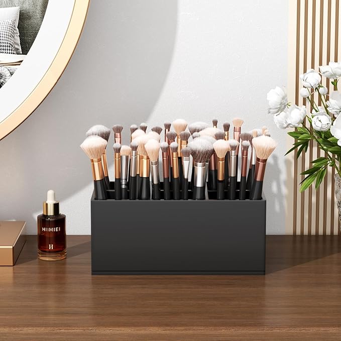 HIIMIEI Black Makeup Brush Holder Organizer Acrylic 6-Slots Cosmetic Brushes Storage Organizer for Vanity Countertop