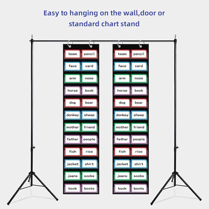 10”W x 48.25”H Classroom Words Pocket Chart with 12 Clear Pockets, Black Standard Pocket Chart for Classroom and Home for Sentence Strips, Reusable Words Hanging Pocket Chart (Black)