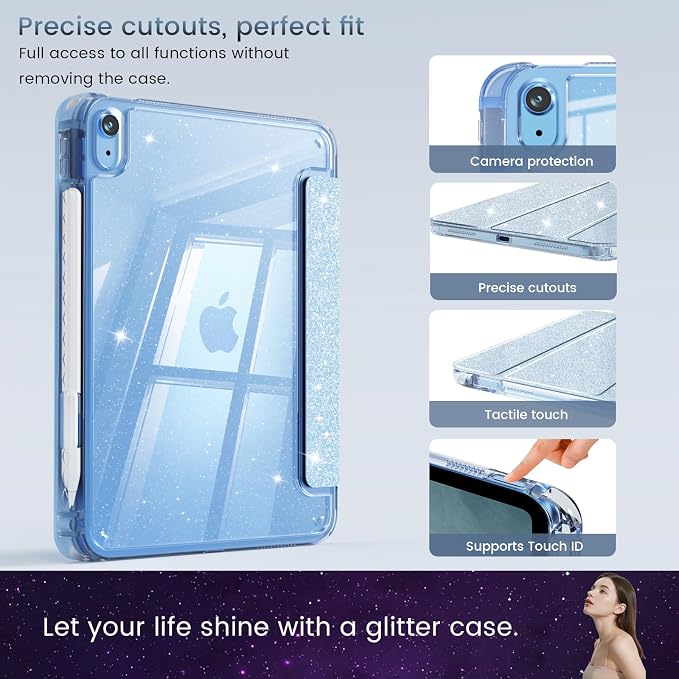 Case for iPad A16 11th/10th Generation 2025/2022 Purple | Glitter Shockproof 10th gen ipad case with Pencil Holder Trifold Stand Auto Wake/Sleep Sparkly ipad a16 case clear