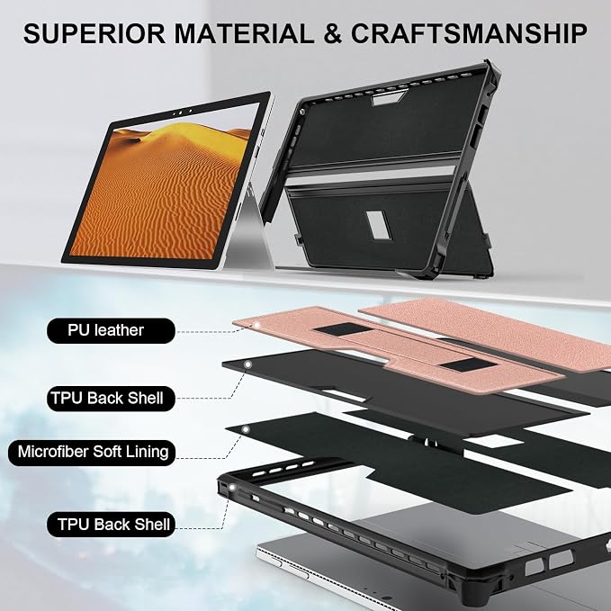 Case for 12.3 Microsoft Surface Pro 7+/7/6/5/4 Protective Rugged Cover Case with Surface Pen Holder and Hand Strap Compatible with Surface Pro Type Cover Keyboard (Black)