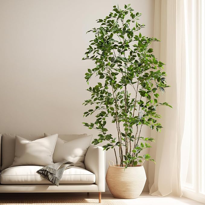 Artificial Ficus Tree Indoor 8ft, Large Potted Faux Tree with Realistic Silk Leaves & Trunk for Home Office, Living Room Corner Decor