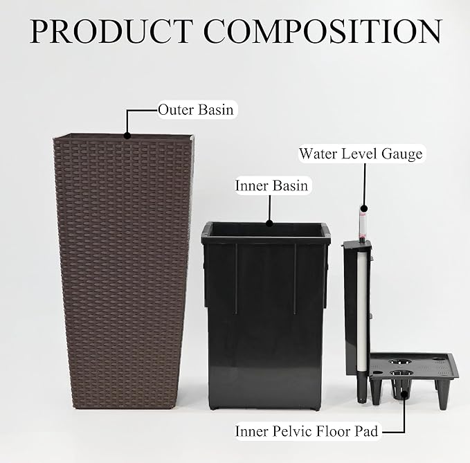 30in Tall Planter, Self Watering Pots for Indoor/Outdoor Plants with Drain Holes, Water Level Monitor, Inner Bucket for Front Porch Patio, Brown Large(1 Set)