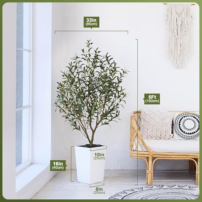 Artificial Olive Tree 5FT Indoor&Outdoor Faux Plant - UV Resistant Large Fake Tree with White Planter & Pebbles, Realistic Tall Potted Artificial Trees for Modern Home Decor Office Living Room VN132