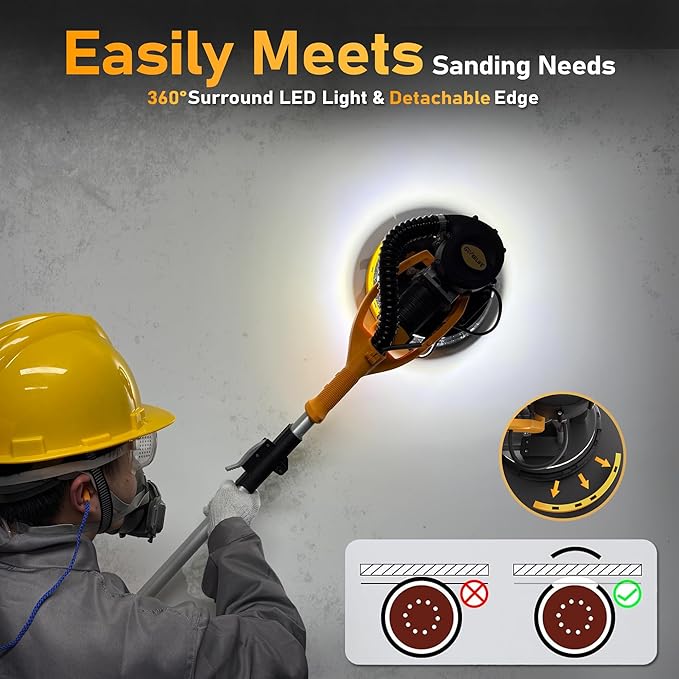 GEVEELIFE Drywall Sander, 880W Popcorn Ceiling Removal Tool, Drywall Sander with Vacuum Dust Collector, 5 Variable Speed 1000-2100RPM, LED Light, Foldable & Extendable Handle, 12 Sanding Discs
