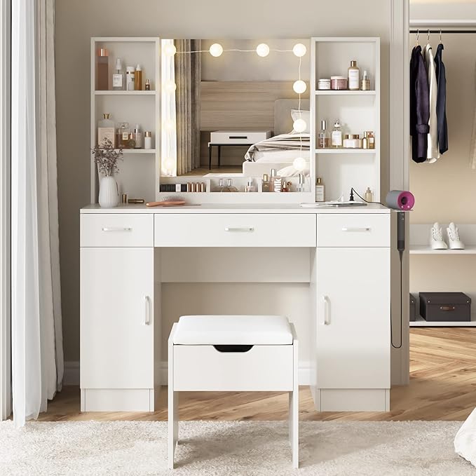 Vabches Makeup Vanity Table with Lighted Mirror & Power Strip, Large Vanity Set Vanity Desk with Lots Storage, 3 Lighting Modes, Brightness Adjustable, 45.2in(L)