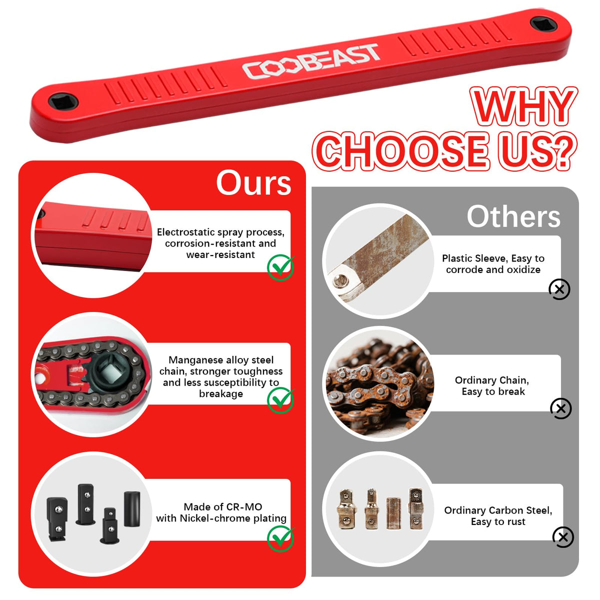 coobeast Red Offset Extension Wrench Impact Ready Socket Wrench Extender Tool with Versatile 1/4", 3/8", and 1/2" Square Drive Adapters, Universal Extensions Wrench for Small Place