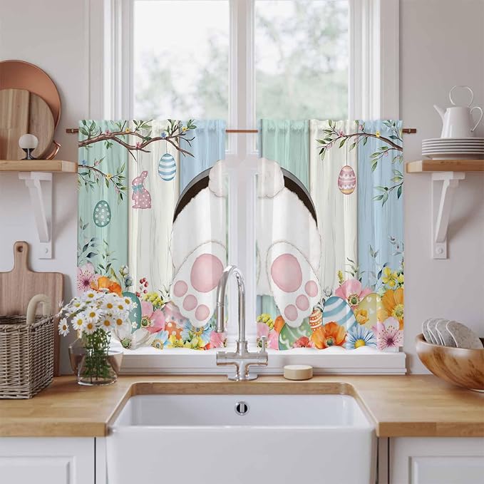 Easter Kitchen Curtains 54 Inch Long 2 Panel Set, Rod Pocket Window Curtains