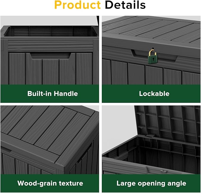 45 Gallon Outdoor Deck Box,Storage Lockable Waterproof Patio Furniture,Garden Tools,Cushions,Pool Accessories Outside Storage Resin Box(Black)