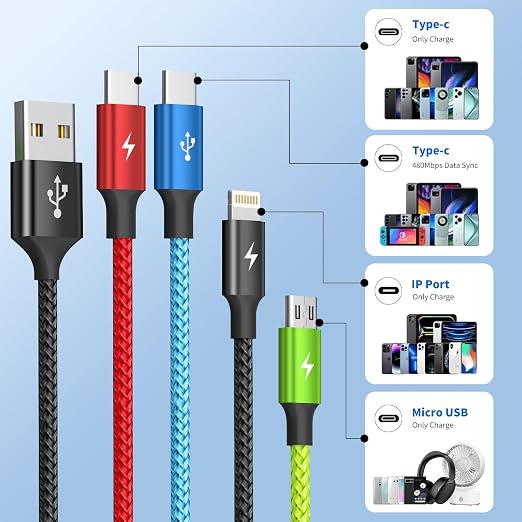 4 in 1 Multi Charging Cable 2 Pack 6FT Charging Cords for Devices | Nylon Braided USB C Car Charger Cable with Dual USB-C IP &amp Micro Ports Long Travel Charging Cord for Cars