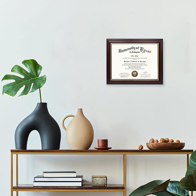 GraduationMall 8.5x11 Certificate Diploma Frame,Solid Wood & UV Protection Acrylic,Cherry Finish with Gold Trim