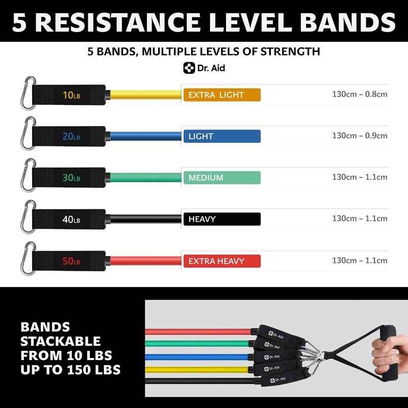 Dr. Aid Resistance Bands with Handles - 5 Stackable Exercise Bands for Working Out, Pure Latex, Smell-Free & Tear Resistant - Workout Resistance Set for Physical Therapy, Strength Training & Stretch