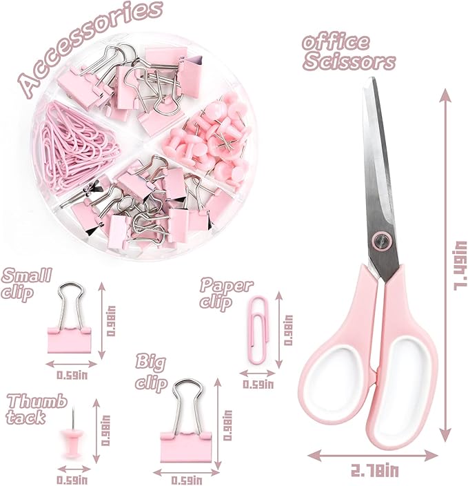 Pink Office Supplies, UPIHO Pink Desk Accessories, Stapler and Tape Dispenser Set for Women with Stapler, Tape Dispenser, Staple Remover, Staples, Clips, Scissor and Tabs,Gift for Students, Coworkers