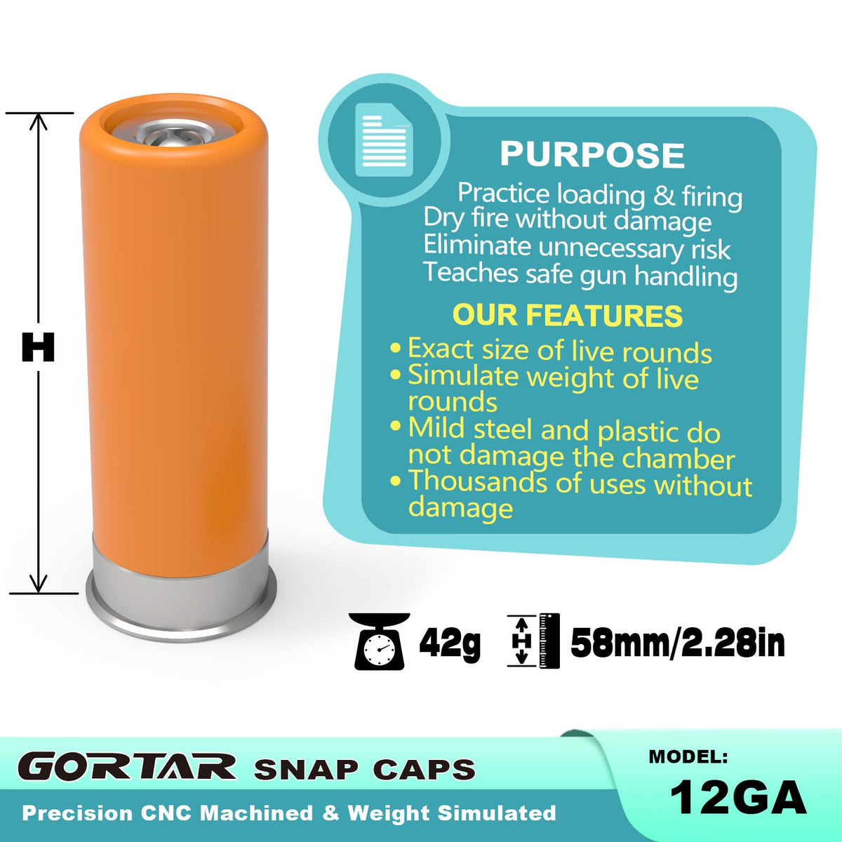 GORTAR 12GA Snap Caps Training Dummy Rounds Practice Safe Loading Firing Close to Real Weight -12 Pcs