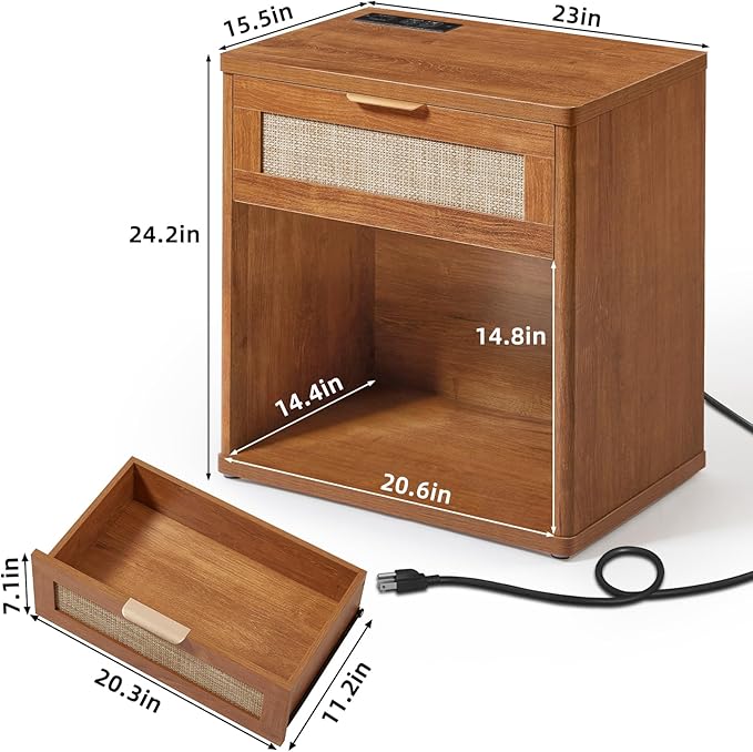 LEYAOYAO Rattan Nightstands Set of 2 with Charging Station, Natural Wood Night Stand with Drawer, 23" Wide Boho Bedside Table Open Cabinet, Bed Side Table Dresser for Bedroom, Living Room, Entrance