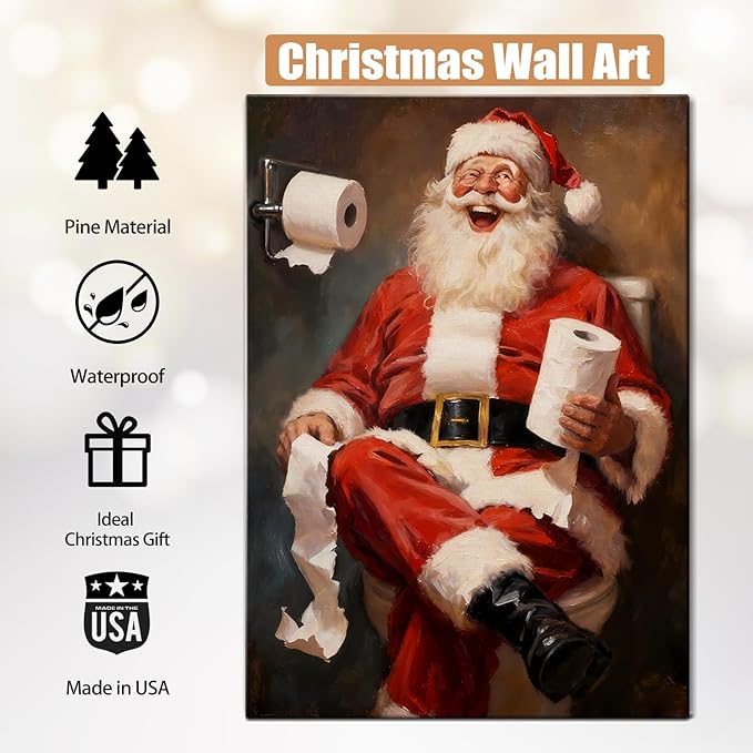 Comical Santa Claus Christmas Canvas Wall Art - Humorous Office & Bathroom Framed Print Ready to Hang, Playful Christmas Gifts for Family, Whimsical Winter Decor & Entertaining Christmas Decorations