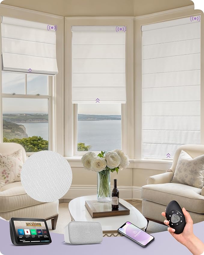 Graywind Smart Roman Shades 60% Blackout Compatible with Alexa Google Rechargeable Motorized Blinds Remote Plain Fold, Custom Size (Light Filtering Matelasse White)