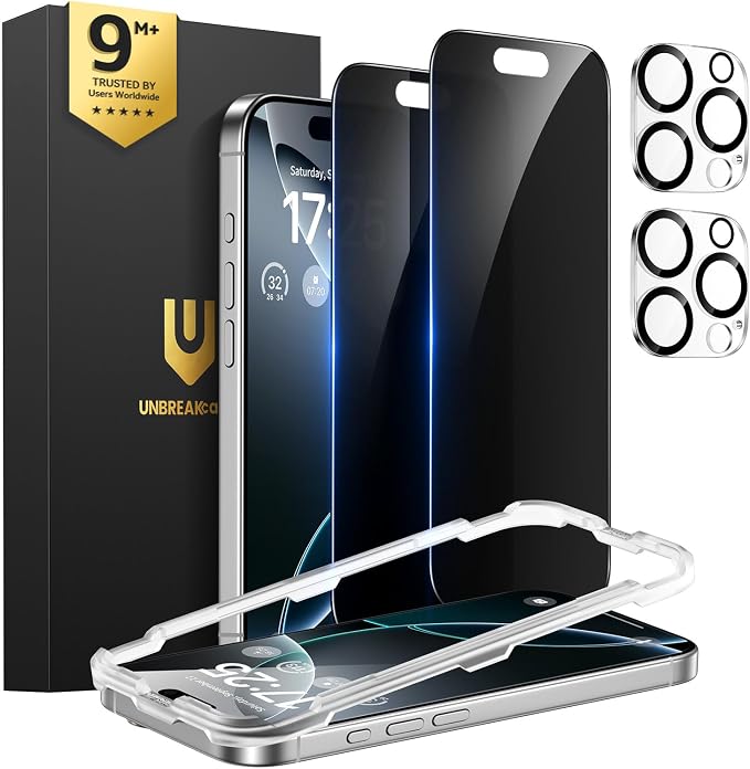 UNBREAKcable iPhone 15 Privacy Screen Protector 2-Pack Upgraded Dual-Tempered Glass + 2 Camera Lens Protectors 25° Anti-Spy Military-Grade 9H+ HD Clear Anti-Fingerprint 6.1 Inch