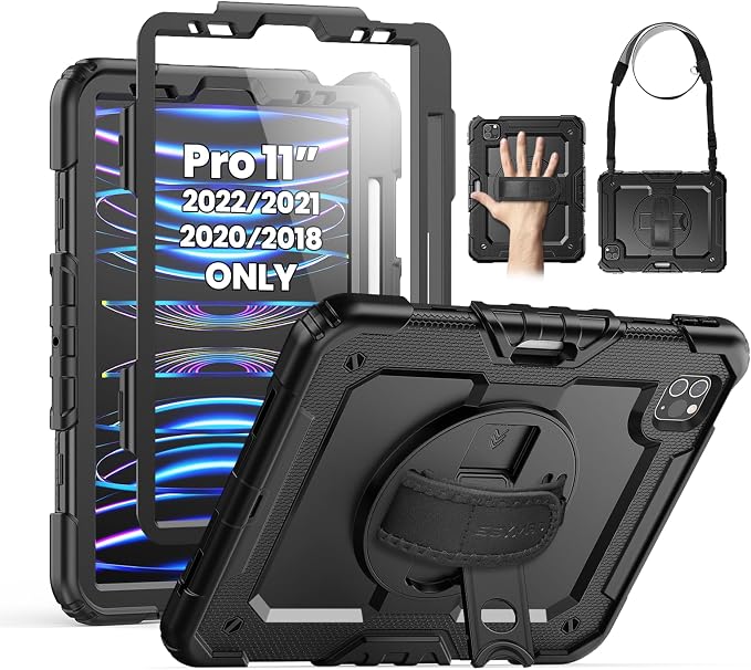 SEYMAC Case for iPad Pro 11 4th/3rd/2nd/1st Gen 2022-2018 Black | Full-Body Shockproof Protective Built-in Screen Protector 360° Rotating Stand Hand/Shoulder Strap Pencil holder