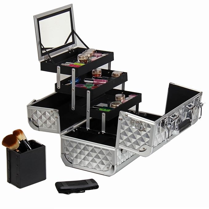 SHANY Premier Fantasy Professional Makeup Train Case Cosmetic Box Portable Makeup Case Organizer Jewelry storage with Locks, 3 Trays, Makeup Brush Holder and Cosmetics Mirror - Silver Diamond