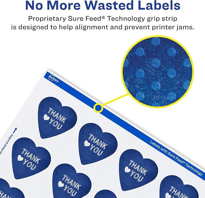 Avery Glossy White Heart Labels, Sure Feed Technology, 2-9/32" x 1-27/32", 1,200 Glossy White Labels, Print-to-The-Edge, Permanent Adhesive, Laser/Inkjet Printable