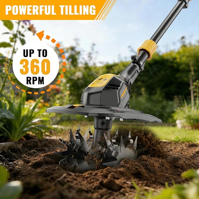 Cordless Tiller Cultivator Compatible with Dewalt 20V MAX Battery, 9In Tilling Width & 7In Depth Electric Tiller for Gardening, 360RPM Rototillers for Garden Cultivator (Tool Only)