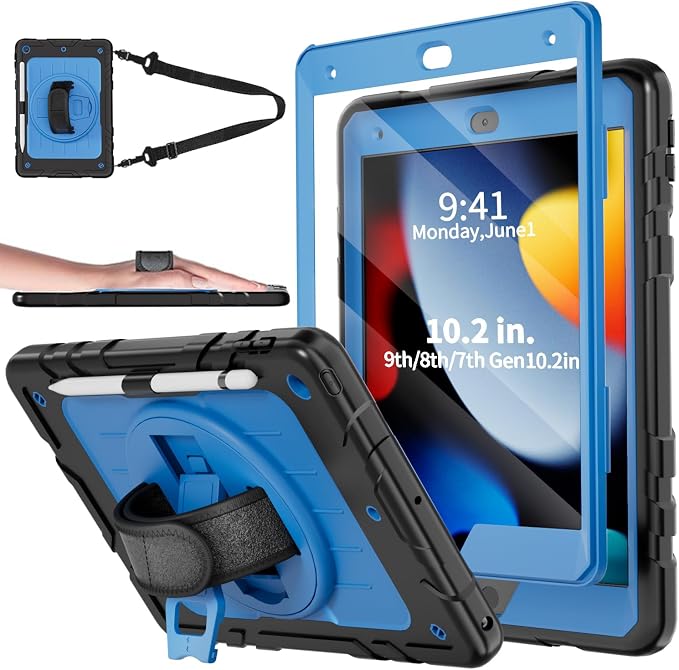 Case for iPad 9th/8th/7th Generation-Built-in Screen Protectorwith Pencil Holder&amp360°Rotating Hand StrapShoulder StrapCase for iPad 10.2 inch 2021-2019(Black)