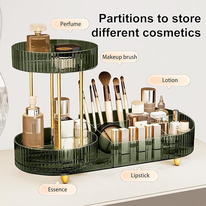 DASITON 360° Rotating Makeup Organizer for Vanity, 2 Tier Perfume Cosmetic Skincare Organizers with Makeup Brush Holder, Large Capacity Cosmetic Display Case for Bedroom Bathroom Countertop (Green)