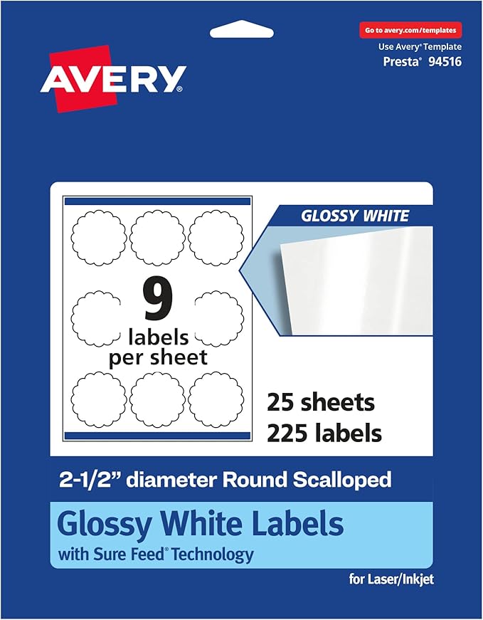 Avery Glossy White Round Scalloped Labels, Sure Feed Technology, 2.5" Diameter, 225 Glossy White Labels, Print-to-The-Edge, Permanent Adhesive, Laser/Inkjet Printable