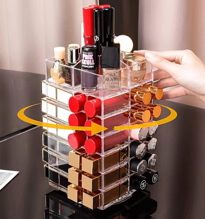 Sooyee 360 Degree Spinning Lipstick Organizer Holder 53 Spaces,Acrylic Cosmetic Display Cases for Lipstick, Brushes, Bottles, and more,Clear