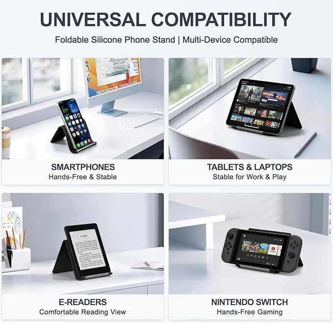 Foldable Silicone Aluminum Holder Flexible Silicone Phone Stand with Anti-Slip Pad Portable Rollable Multi-Angle Stand for Phone Tablet Laptop – Bendable &amp Foldable Home Office Travel (2 Blac