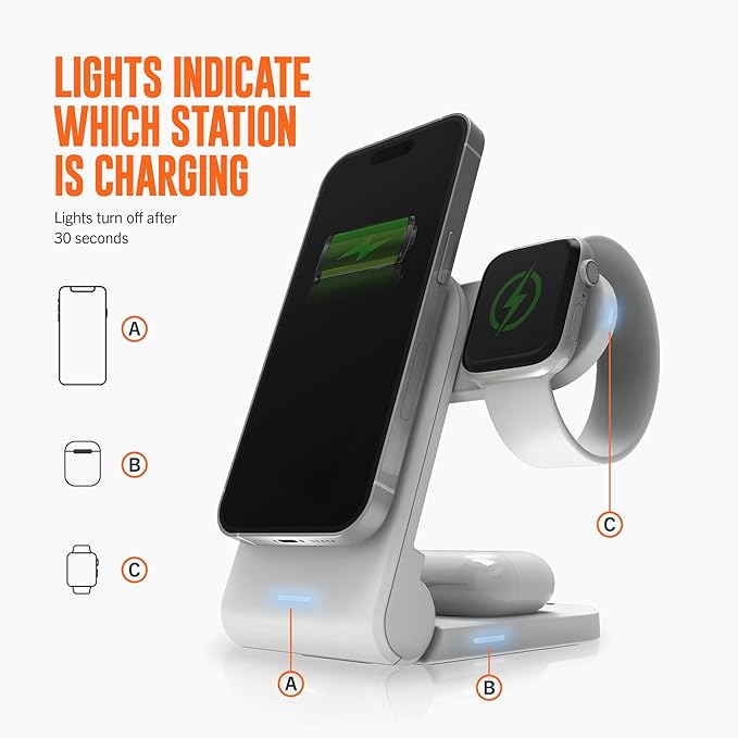 STM ChargeTree Mag: 3-in-1 MagSafe Wireless Charging Station for iPhone 16, 15, 14, 13, & 12 Series, Apple Watch, and AirPods - Foldable and Space-Saving Dock - Black