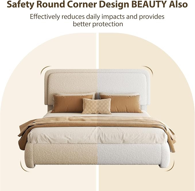 Queen Bed Frame, Teddy Velvet Boucle Bed Frame with 43.3"/45.3" Adjustable Upholstered Headboard, Rounded Corners, Mattress Foundation, No Box Spring Required, White