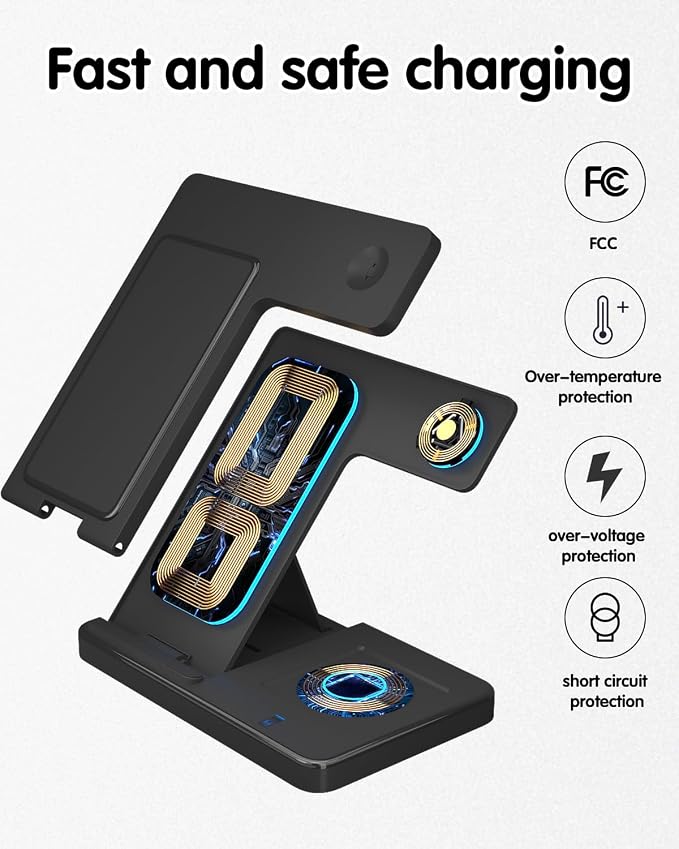 Wireless Charger 3 in 1 Fast Desk Charging Station for iPhone 16 15 14 13 12 Charging Stand Dock for Apple Watch &amp AirPods