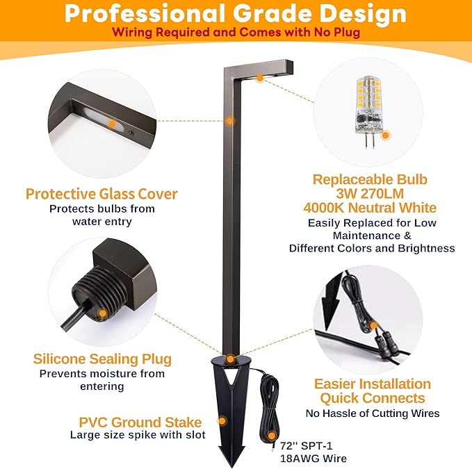 Brass Low Voltage Pathway Lights, Waterproof Landscape Outdoor Path Light, 12V LED Bronze L Shape Driveway Lamp for Garden Yard House with 3W 270LM 4000K G4 Bulb 6 Pack