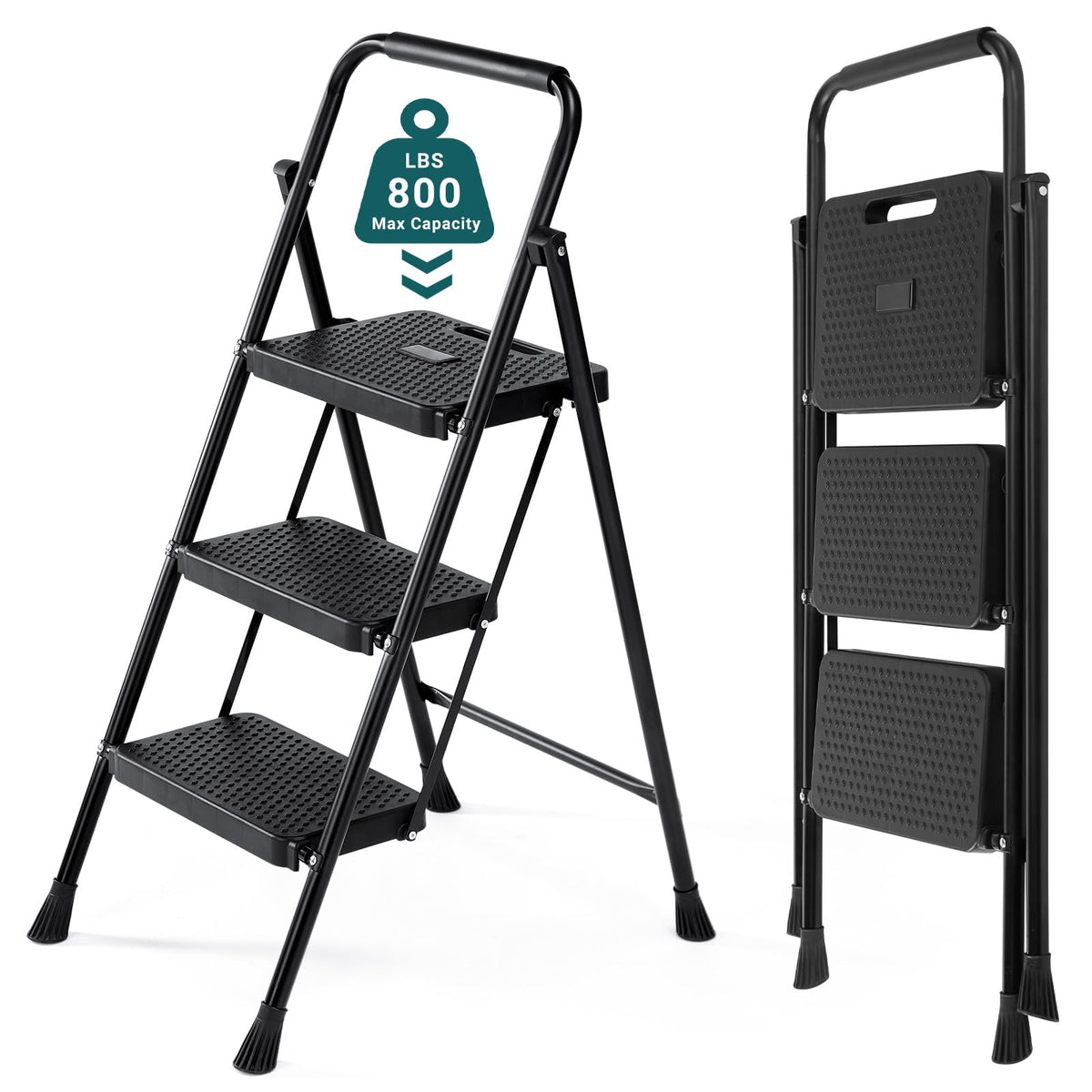 SMUG Step Ladder, 3 Step Stool Foldable with Anti-Slip Pedal & Comfortable Handrail, 800lbs Capacity Sturdy Steel Ladder, Protable Heavy Duty Step Stool for Kitchen, Garage & Outdoor Use, Black