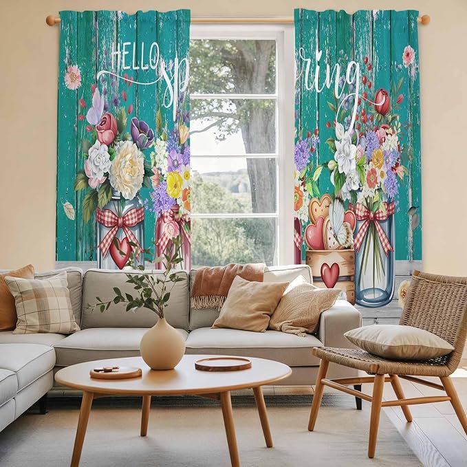 Spring Flowers Kitchen Curtains, Farmhouse Watercolor Teal Wood Grain Light