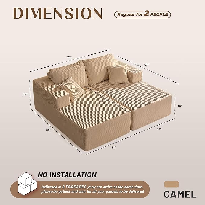 Chaise Lounge Chair, Boneless Couch for Living Room and Bedroom, Sleeper Couches Reading Chairs, Corduroy, Camel
