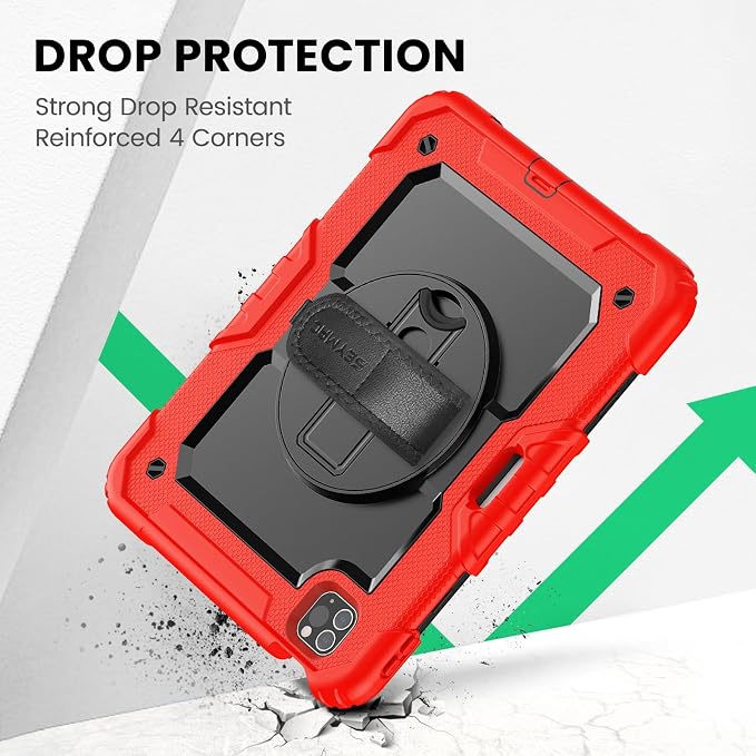 SEYMAC Case for iPad Pro 11 4th/3rd/2nd/1st Gen 2022-2018 Black | Full-Body Shockproof Protective Built-in Screen Protector 360° Rotating Stand Hand/Shoulder Strap Pencil holder