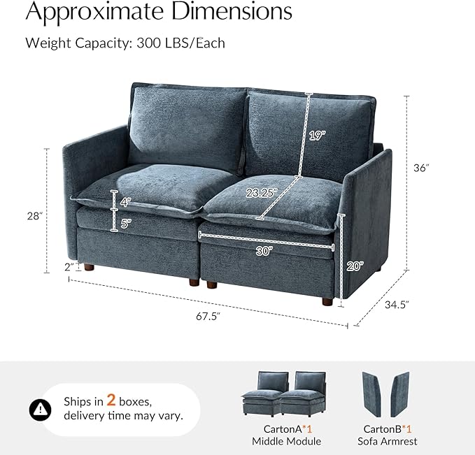 HULALA HOME 68'' Loveseat Sofa with Dual-Layered Cushions, 2 Seater Sofa with Storage Ottoman and Removable Cover, Modern Deep Seat Cloud Couch for Living Room, Blue