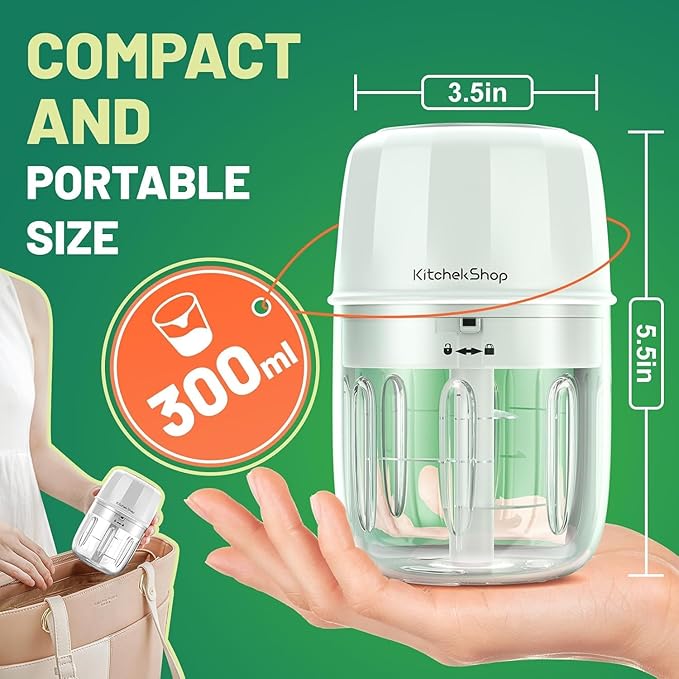 Electric Garlic Chopper, 300ML Portable Cordless Mini Food Processor, Rechargeable Vegetable Chopper Blender for Nuts Chili Onion Minced Meat and Spices (White)
