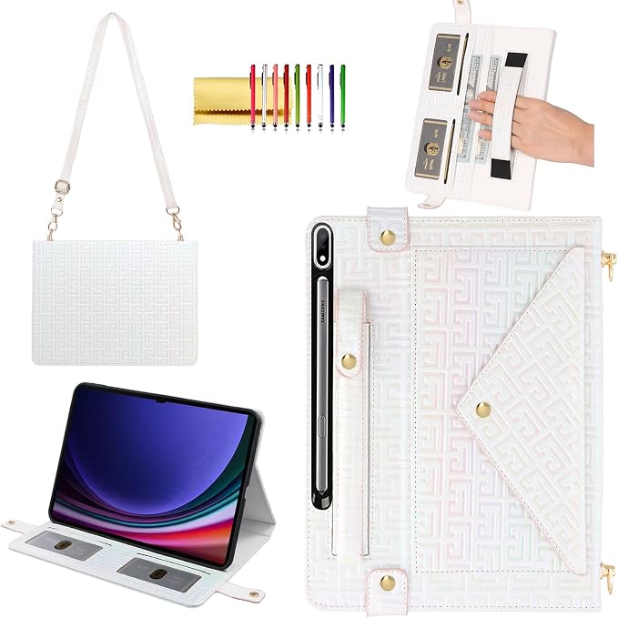 Handbag Case for Samsung Galaxy Tab S10 FE/S9 FE 10.9/S9/S8/S7 11 Techcircle Folio Stand Crossbody Wallet Protective Cover with S Pen Holder &amp Card Slots Hand Strap &amp Shoulder Strap Black